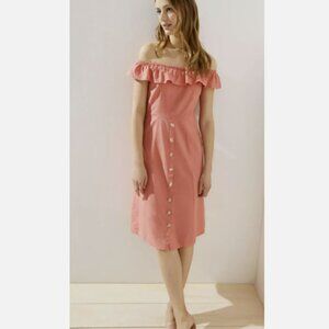 Loft Beach Peachy Pink Linen Off the Shoulder Ruffle Boho CottageCore Dress